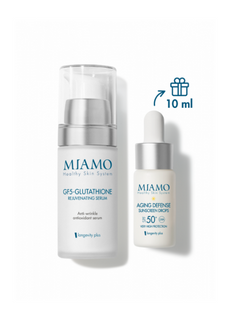 Miamo Cofanetto Booster Anti Ossidante Gf-5 Glutathione Rejuvenating Serum 30ml + Aging Defense Sunscreen Drops 10ml