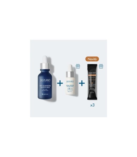 Miamo Protocollo Aox Boost & Protect GF5-Glutathione Aox Booster Serum 30ml + Aging Defense Sunscreen Drops SPF 50+ 10ml + Skin Defense Integratore 3 bustine - Kit Antiage